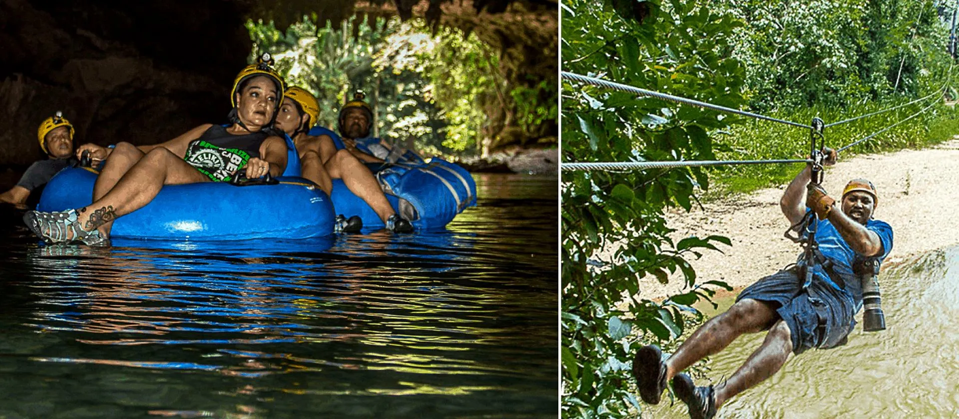 Belize cave tubing tour from Belize City with guests floating through limestone cave passages