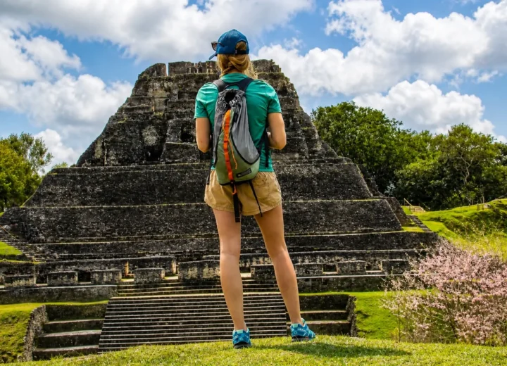 Traveler exploring Xunantunich Maya ruins on a private tour from Hopkins